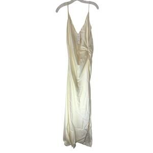 NWT Maniju Cream Spaghetti Strap Satin V-Neck‎ Ruched Formal Maxi Dress Large